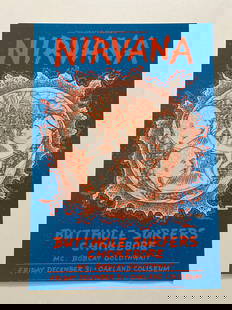 Nirvana 1993 Oakland Coloseum Concert Poster 1st Printing: An iconic 1st printing concert poster from Nirvana's legendary 1993 performance at the Oakland Coliseum. Featuring striking graphics and authentic vintage wear, this poster captures the raw energy of