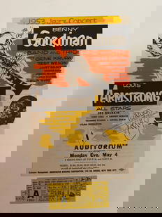 Louis Armstrong Benny Goodman 1953 concert poster and ticket: A rare piece of jazz history, this original 1953 concert poster and accompanying ticket feature two of the genre’s greatest legends—Louis Armstrong and Benny Goodman—sharing the stage for an unf