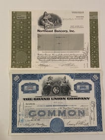 Northeast Bancorp and The Grand Union Co Vintage Stock Certificates