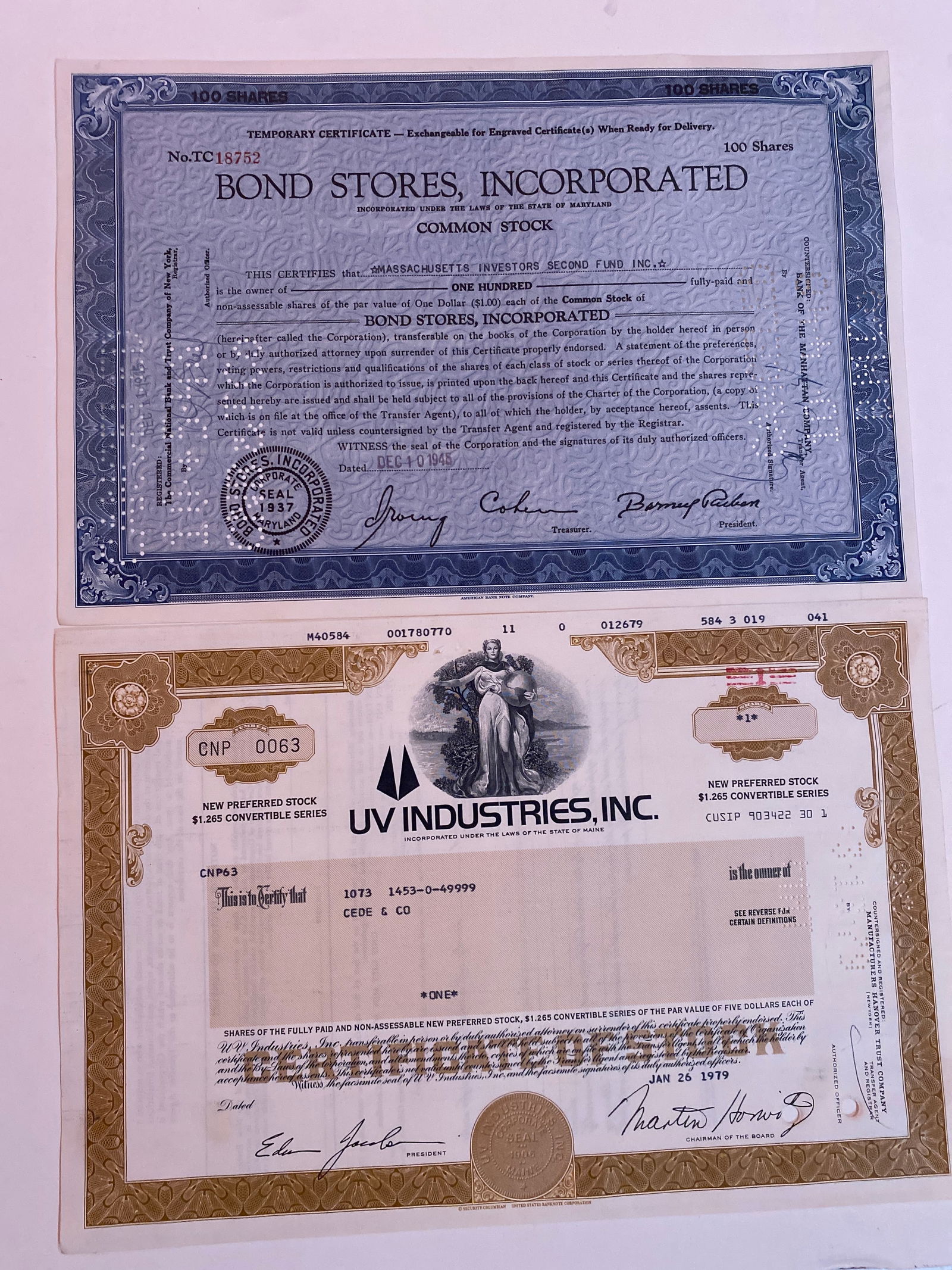 Bond Stores Inc & UV Industries Vintage Stock Certificate (1 of 2)