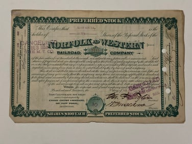 Norfolk and Western Railroad Co. 19th Century Stock Certificate