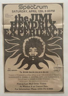 Jimi Hendrix 1969 Spectrum Concert Ad: This original 6x9 concert advertisement promotes the legendary Jimi Hendrix’s 1969 performance at the Spectrum in Philadelphia—an electrifying stop on his iconic U.S. tour. A rare and evocative pi