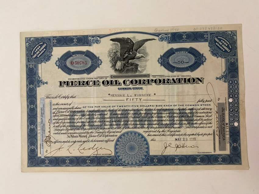 Pierce Oil Corporation Antique Stock Certificate (1 of 2)