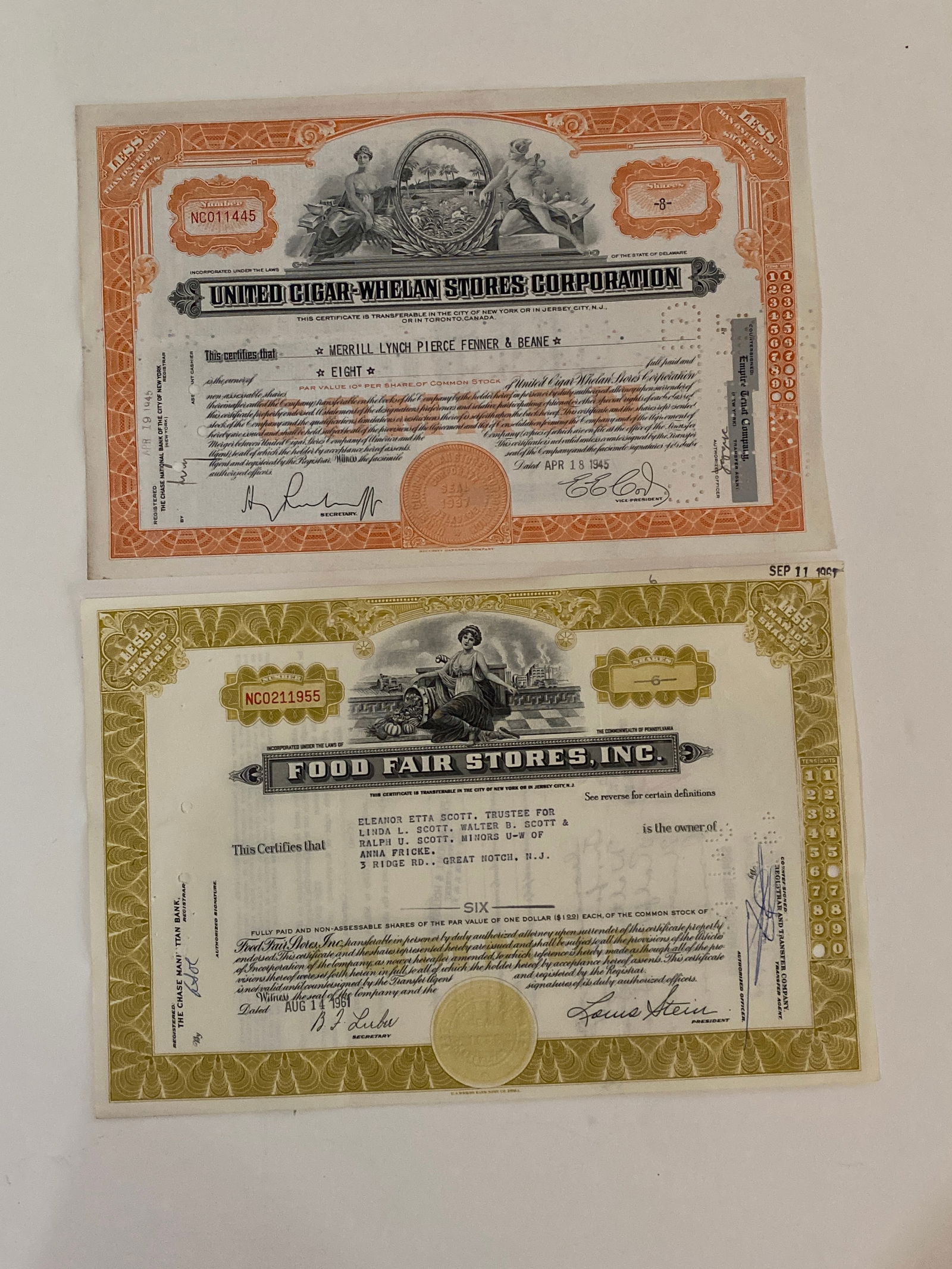 Food Fair Stores inc & United Cigar-Whelan Stores Corp Stock Certificates (1 of 2)