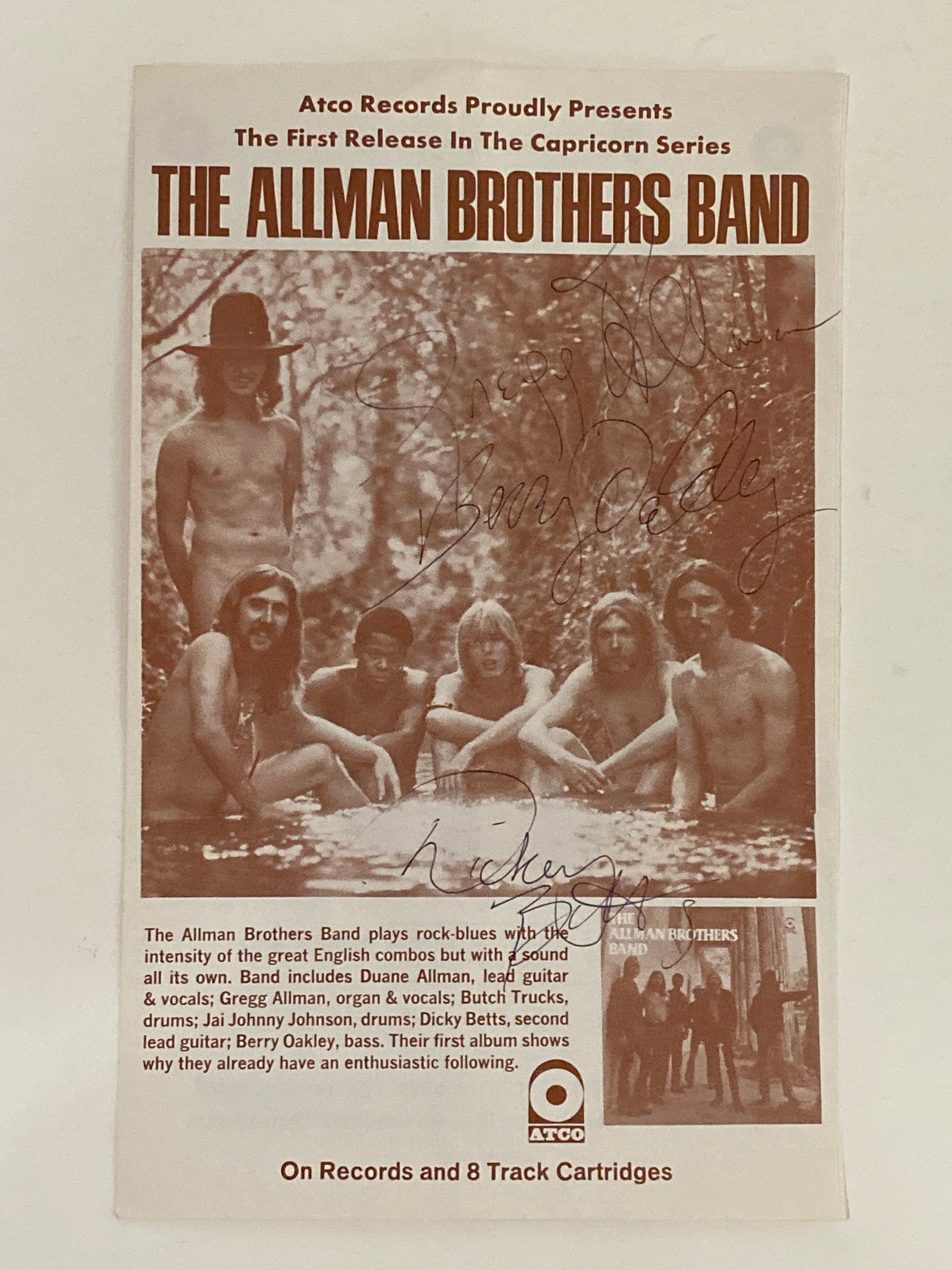 Allman Brothers autographed Promo Ad: Offered here is an Allman Brothers Band autographed promotional advertisement, measuring approximately 8.5 x 5.25 inches. This vintage piece captures the Southern rock legends during their prime, feat