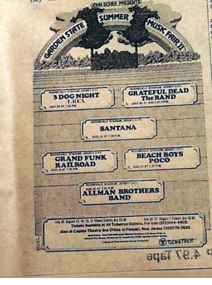Grateful Dead 1973 Garden State Arts Center Concert Ad: Featured here is an original 1973 Grateful Dead concert advertisement for their performance at the Garden State Arts Center in Holmdel, New Jersey—a rare piece of rock history from the band’s lege