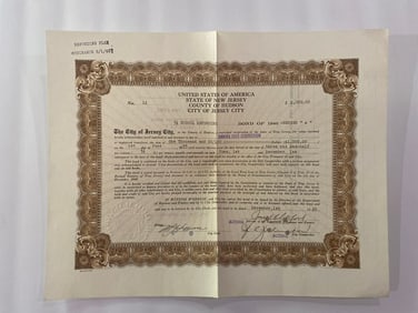 Vintage Jersey City Bond Certificate