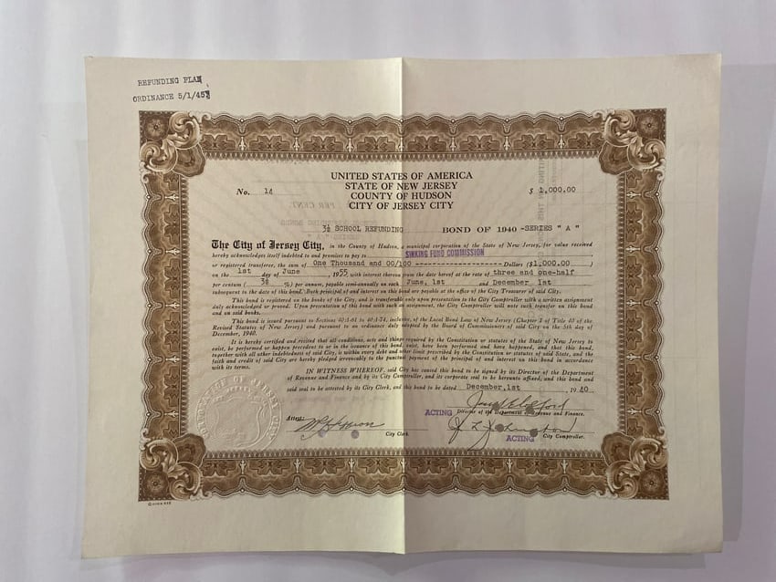 Vintage Jersey City Bond Certificate (1 of 2)