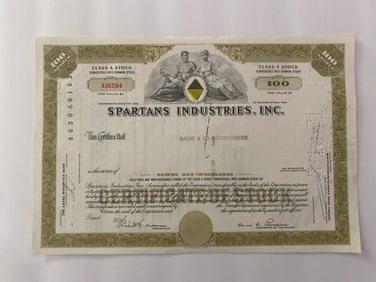 Spartans Industries Vintage Stock Certificate