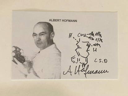 Albert Hoffman (Scientist) Signed LSD Drawing: Signed by Swiss chemist Albert Hofmann, this original drawing is a unique artifact from the father of LSD. Hofmann’s work altered the course of psychiatric and psychedelic research in the 20th centu