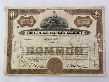 The Central Foundry Company Vintage Stock Certficate