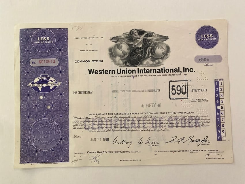 Western Union International Vintage Stock Certificate (1 of 2)