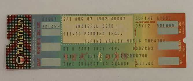 Grateful Dead 1982 Alpine Valley Concert Ticket