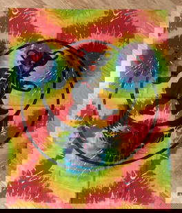 Grateful Dead 1980's Concert Banner: An eye-catching Grateful Dead concert banner from the 1980s, featuring vivid colors and bold psychedelic graphics. This large-format fabric piece evokes the energy and visual culture of the Dead's liv