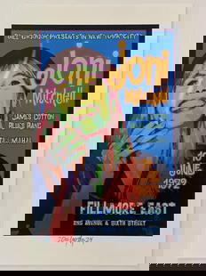 Joni Mitchell Fillmore Concert Poster signed by David Byrd: A radiant Fillmore East poster celebrating Joni Mitchell’s ethereal performance, signed by poster artist David Byrd. Byrd’s dreamlike design echoes Mitchell’s poetic lyrics and luminous stage pr