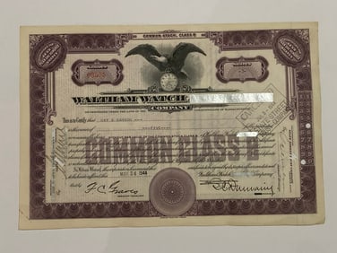 Waltham Watch Company Vintage Stock Certificate
