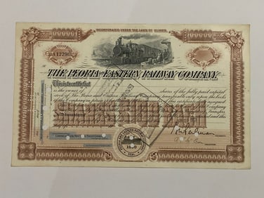 The Peoria & Eastern Raiway Company Vintage Stock Certificate