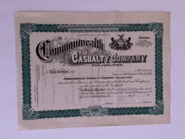 Commonwealth Casualty Co Vintage Stock Certificate