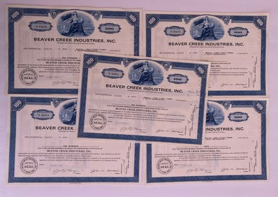 Beaver Creek Industries Incorporated Vintage Stock Certificates (5)