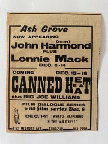 John Hammond, Lonnie Mack, & Canned Heat 1968 Ash Grove Concert Ad