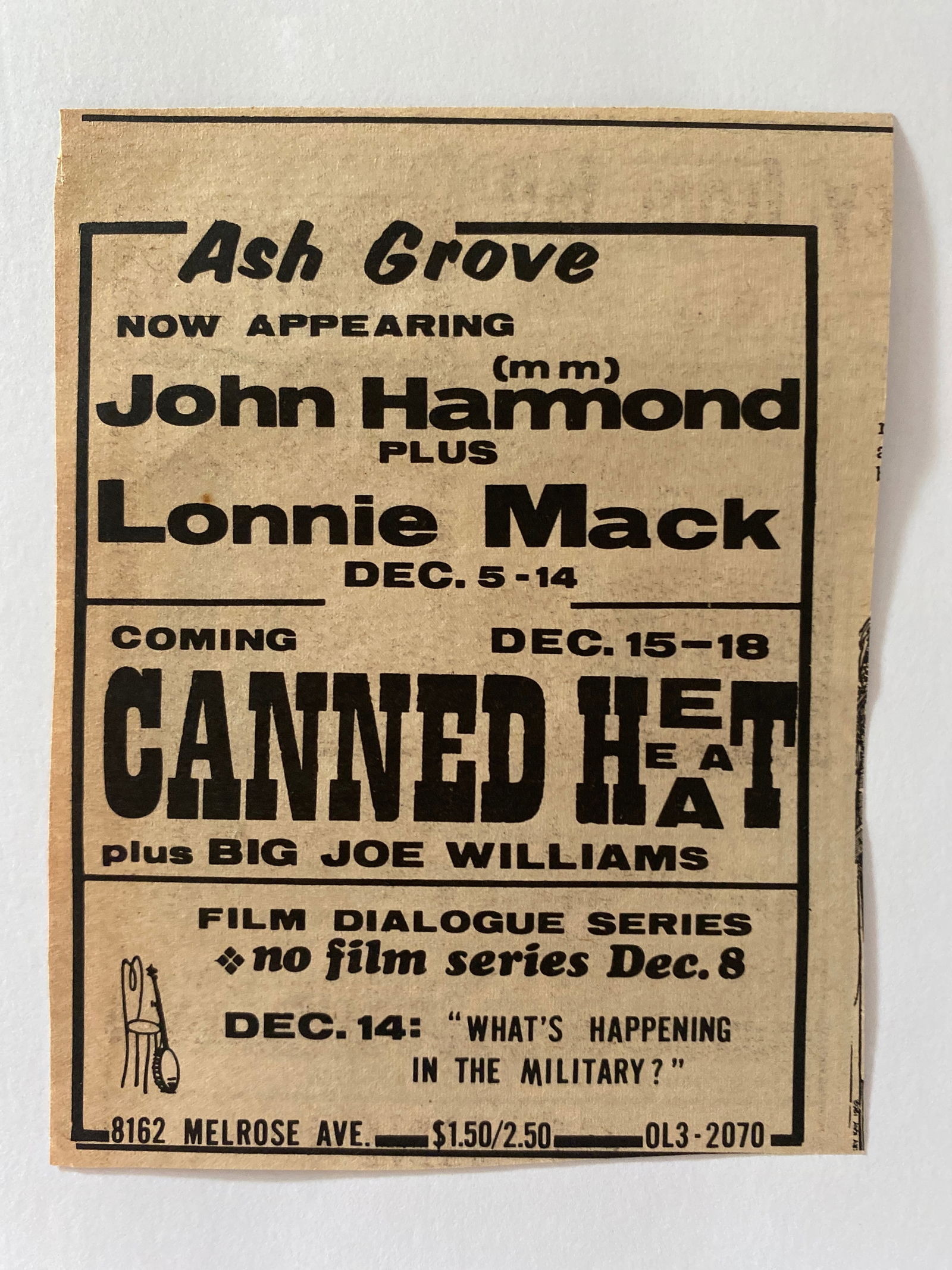 John Hammond, Lonnie Mack, & Canned Heat 1968 Ash Grove Concert Ad