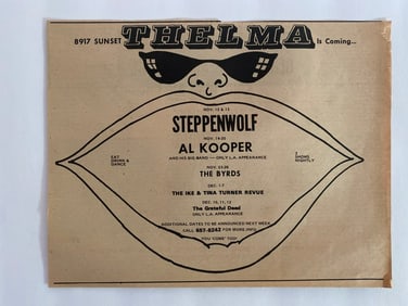 Grateful Dead Steppnewolf The Byrds 1968 Thelma Concert Ad Poster