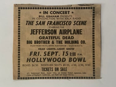 Rare Grateful Dead Big Brother JEfferson Aitplane 1967 Hollywood Bowl Concert Ad