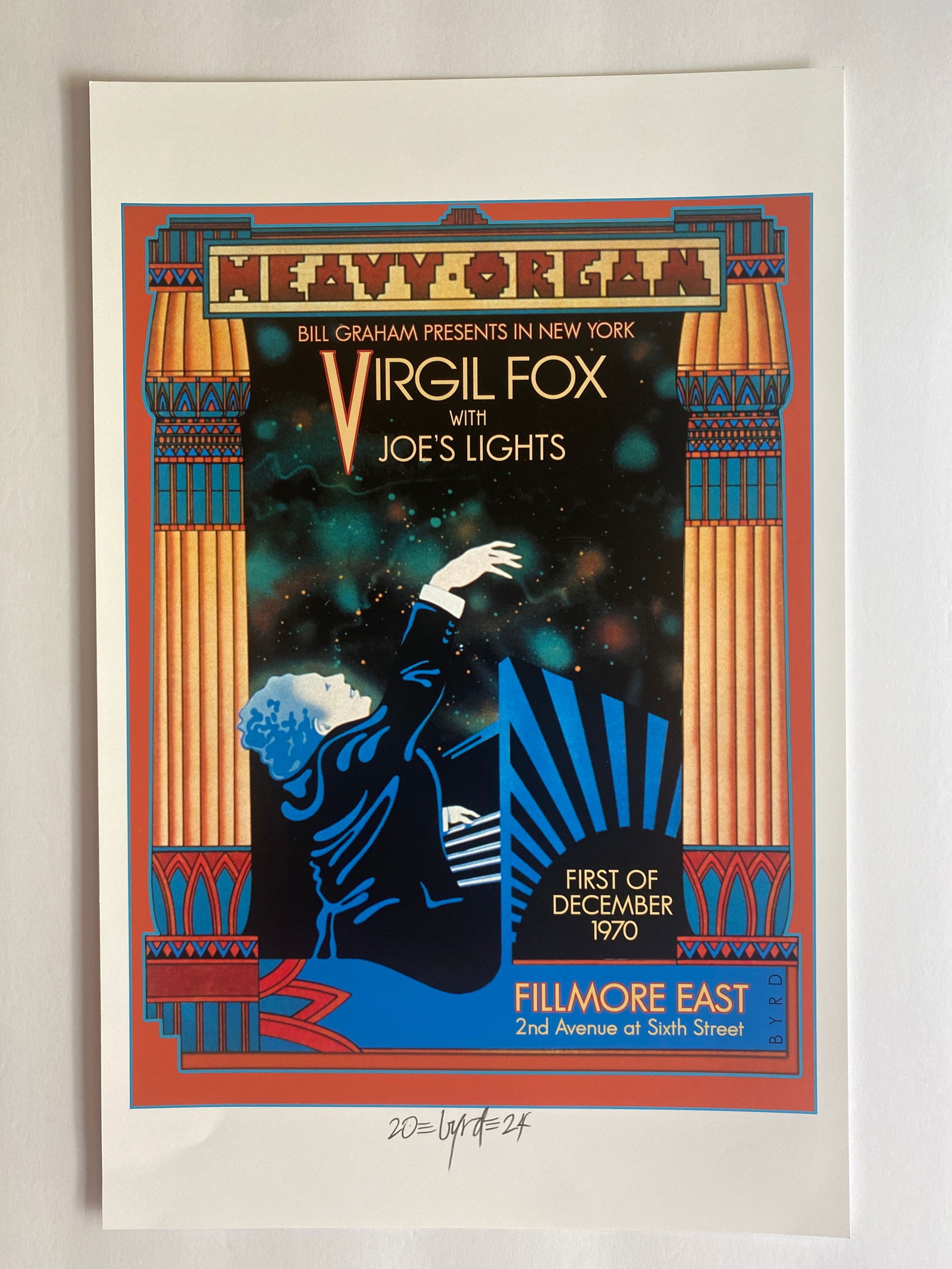 Virgil Fox with Joe's Lights Fillmore Concert Poster signed by David Byrd: This rare Fillmore East poster for Virgil Fox and Joe's Lights is signed by David Byrd and radiates with baroque-meets-psychedelia visuals. Known for mixing classical organ music with light shows, thi