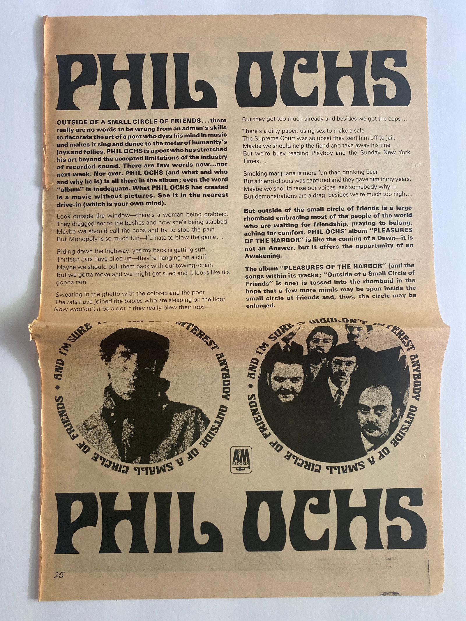 Phil Ochs 1968 Ad Promo Poster: 17.5x11.25