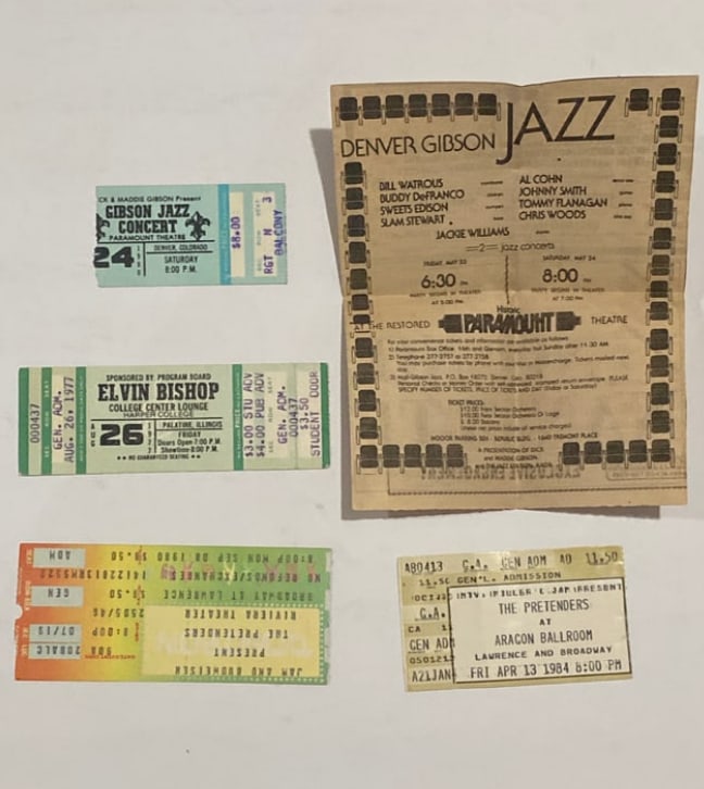 Vintage Concert Ticket Lot: Lot of vintage concert tickets from a range of iconic rock and roll events, possibly including major acts of the '70s–'90s. Each stub holds history and echoes of unforgettable live experiences. Perf