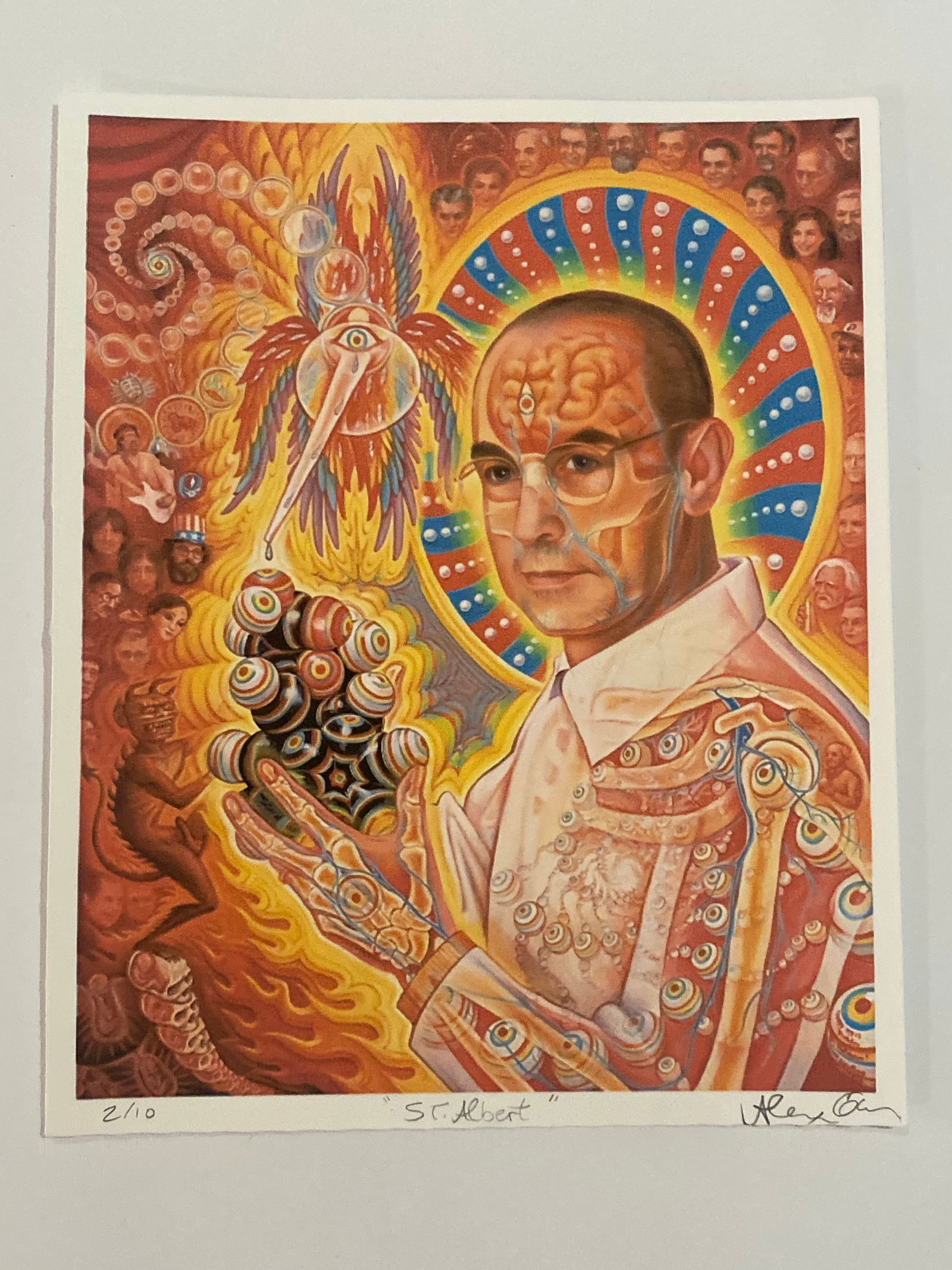 Albert Hoffman "St Albert" Alex Grey Signed Print 2/10: Up for auction is an exceptional Albert Hofmann “St. Albert” print, created by visionary artist Alex Grey and signed by Grey himself. Numbered 2/10, this limited-edition piece beautifully hono