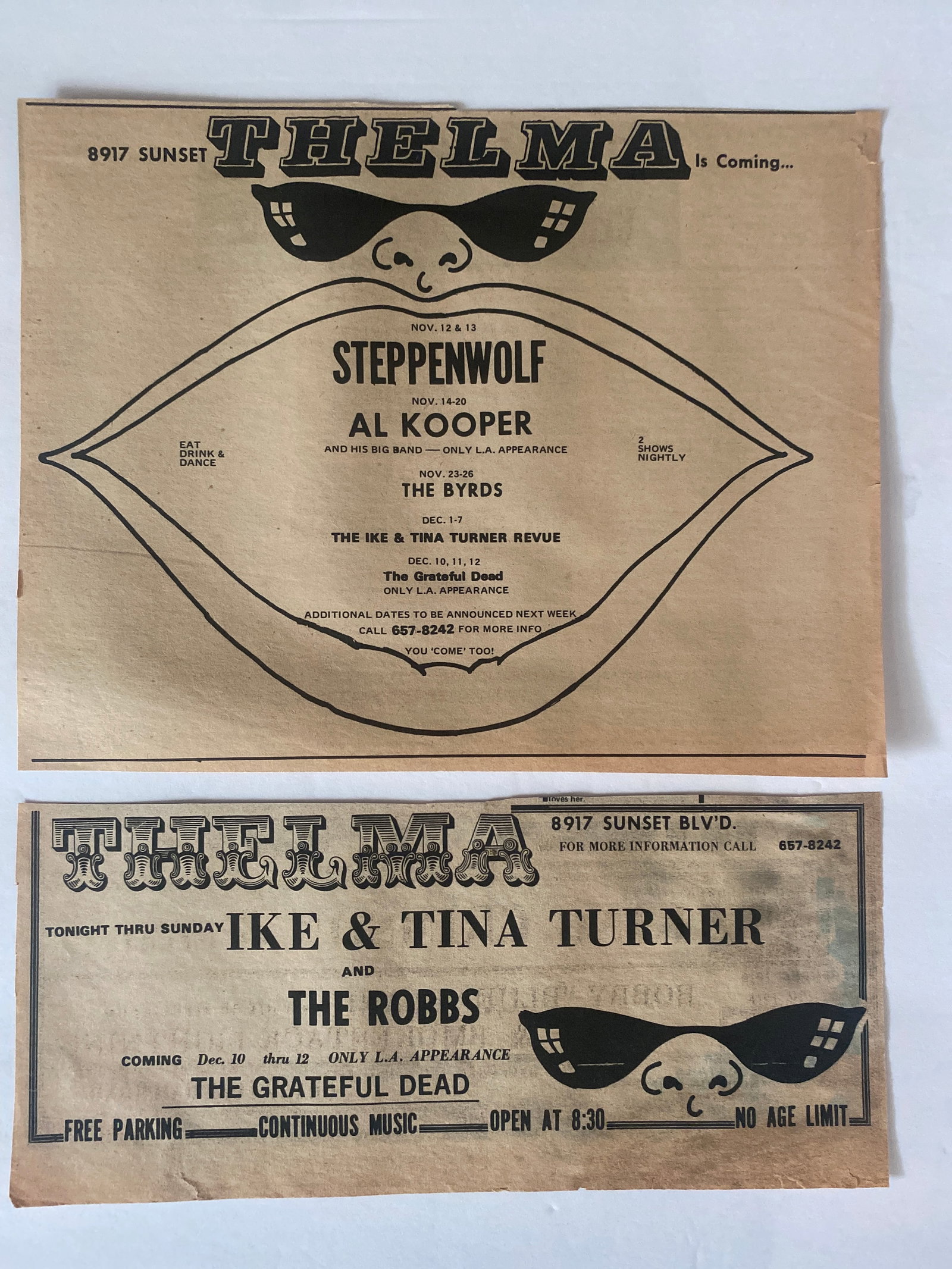 Grateful Dead 1969 Concert Promo Ads: 10.75 x8 and 10.5 X4.75