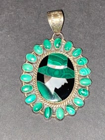 Antique Malachite & Silver Brooch