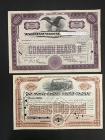 Waltham Watch Co & Peoria Eastern Railway Co Vintage Stock Certificates