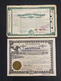 Norfolk and Western Railroad Co & Beach-Krahn Amusement Co Vintage Stock Certificates