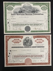 Great Northern Nekoosa Co & Penn Power & Lighting  Vintage Stock Certificates