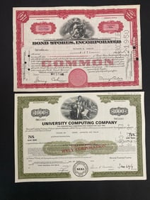 Bond Stores Incorporated and University Computing Co Vintage Stock Certificates