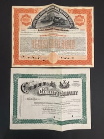 Commonwealth Casualty Company & New York Central Railroad Co Vintage Stock Certificates
