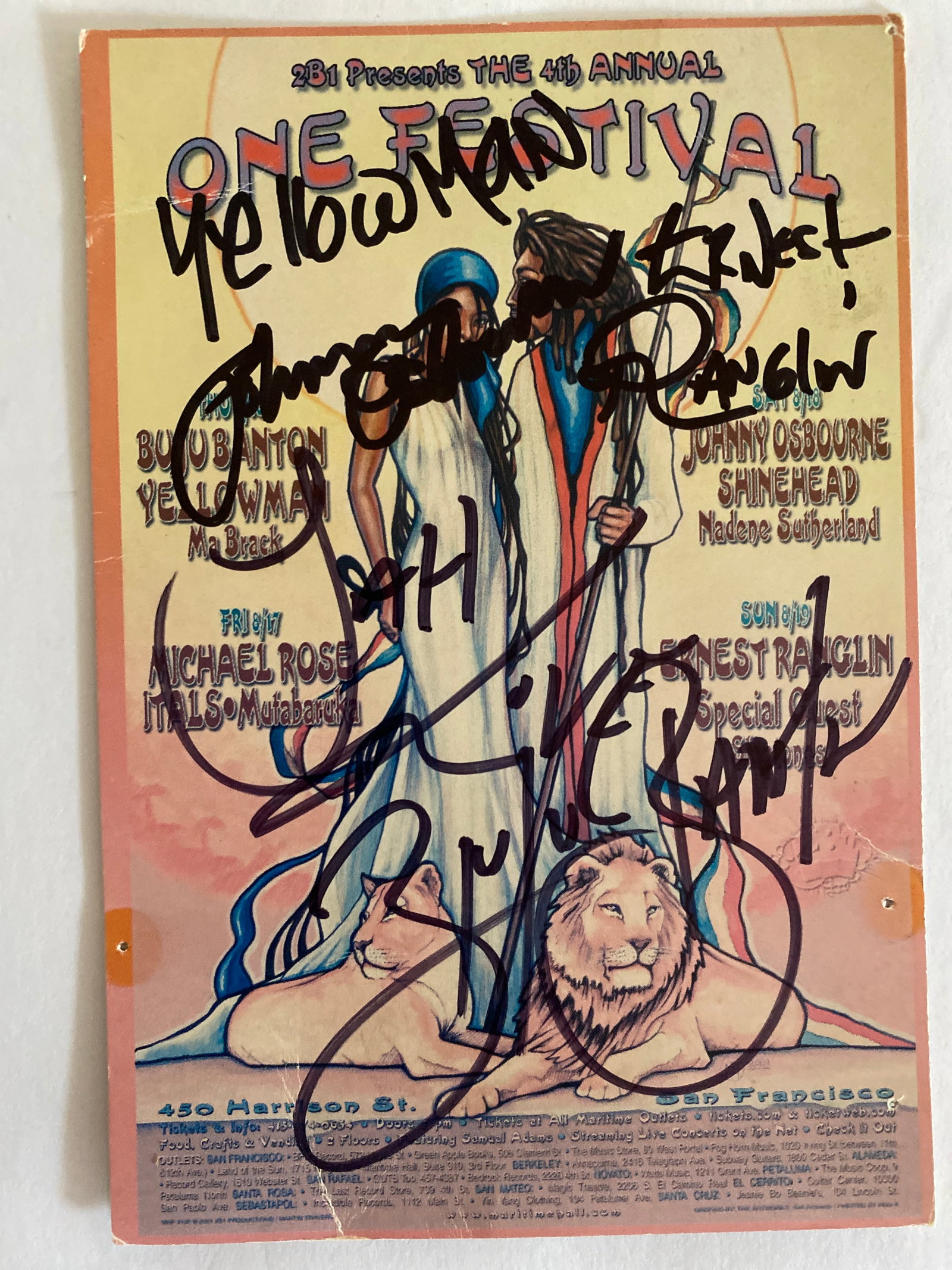 Reggae Musicians Signed One Festival Postcard: Signed by Buju Banton, Earnest Ranglin, Yellowman and Johnny Osbourne.