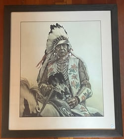 Indian Chief Lithograph Signed by Bana with Book
