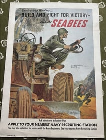 1943 Navy Standing Recruitment Poster Sea Bees Build, And Fight For Victory.