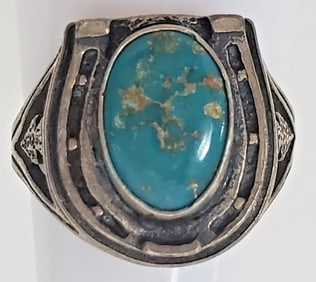 Antique Native American Sterling Silver Turquoise Horseshoe Ring