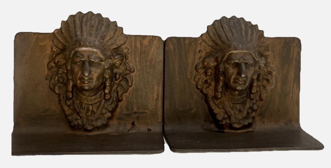 Antique Native American Cast Iron Bookends: Measures 4.75" long x 3.75" tall and 2.75" deep
