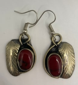 Antique Navajo Silver & Red Coral Turquoise Earrings