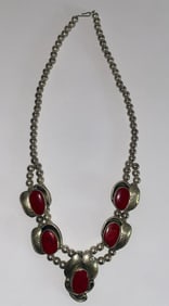 Antique Navajo Silver & Red Coral Turquoise Necklace