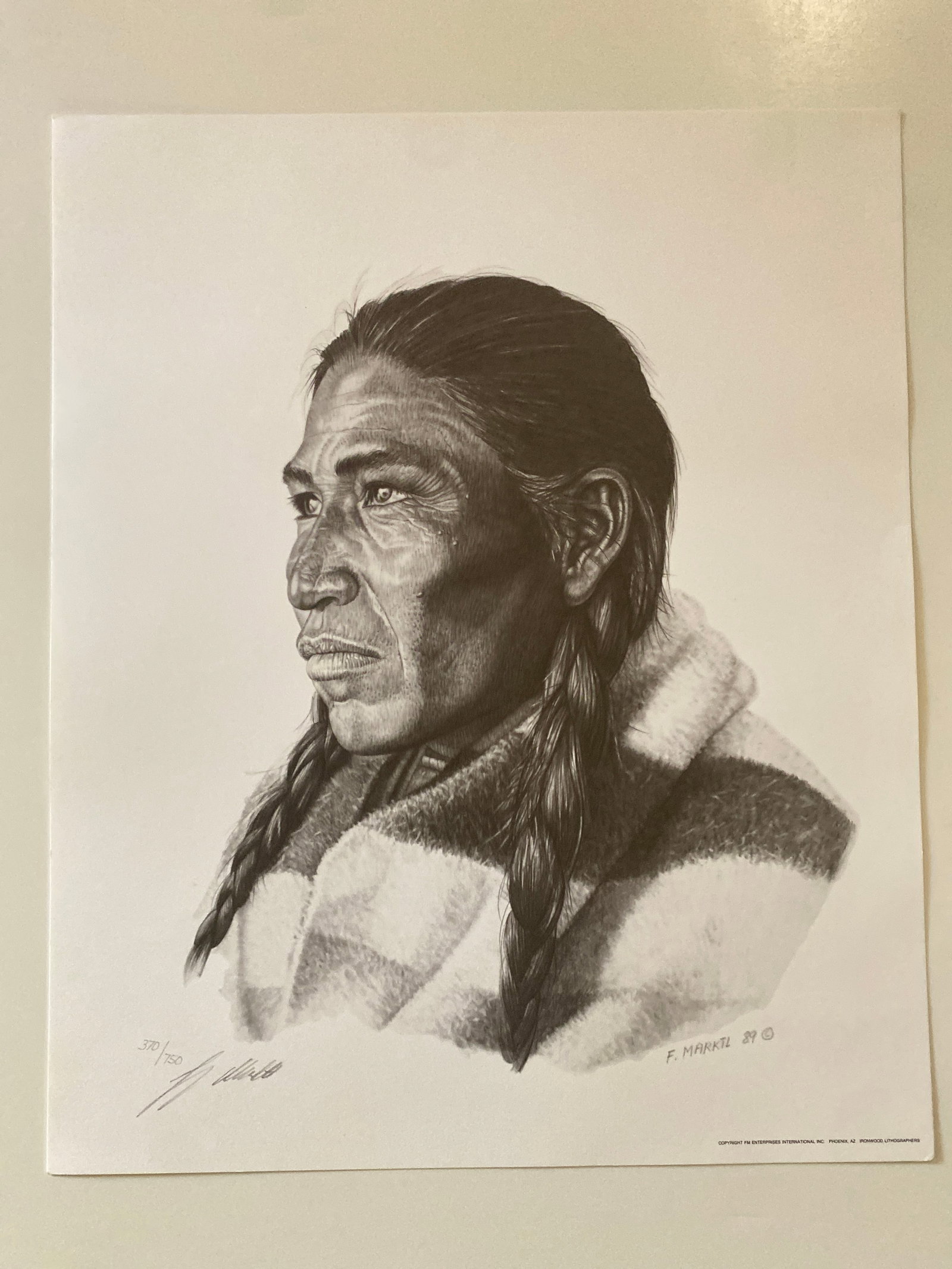 Franz Marktl Signed Native American Lithograph: Measures 12x15