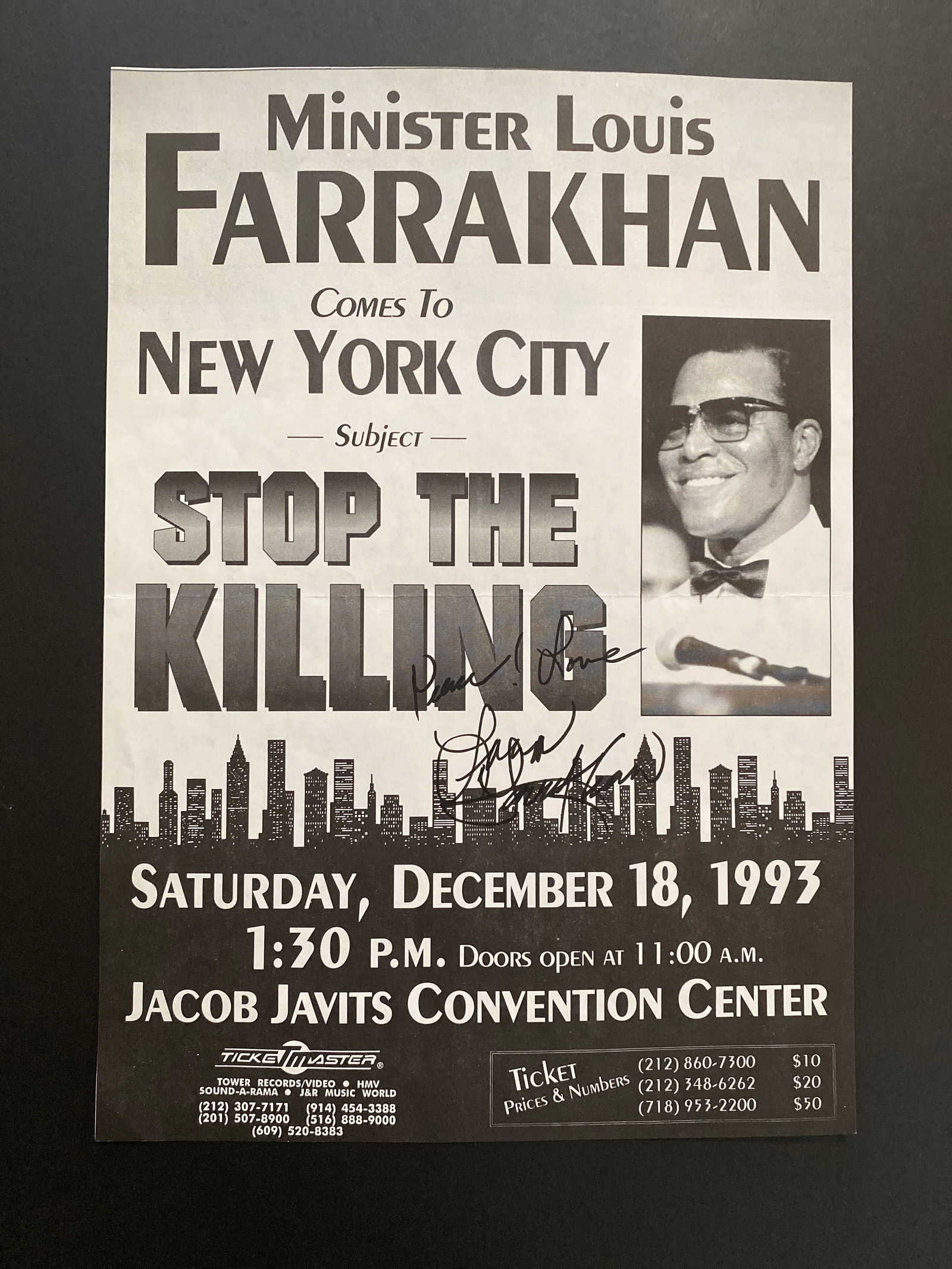 Louis Farrakhan autographed event poster: 1993 Farrakhan broadside poster, Stop The Killing, New York City. Measures 13.75"x9.75"