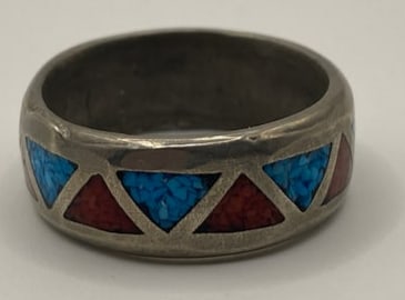 Vintage Navajo Sterling Silver Turquoise and Coral Chipped Men's Ring