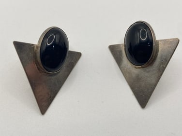 Vintage Navajo Sterling Silver Onyx Bolo Earrings
