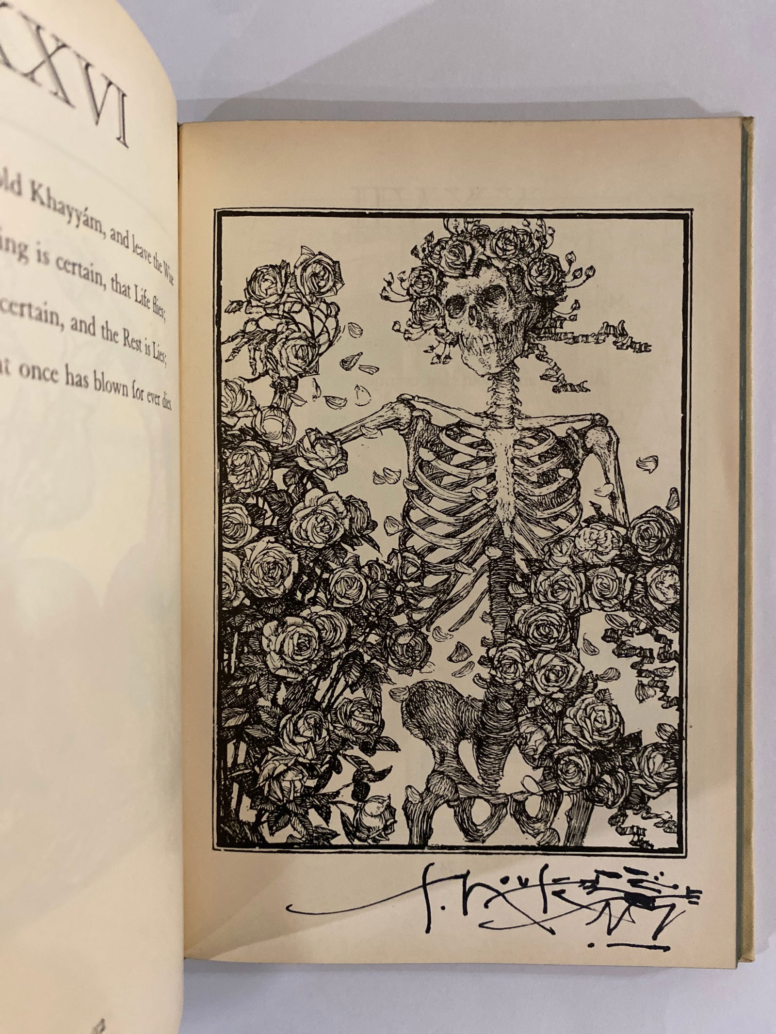 Stanley Mouse Signed Rubaiyat of Omar Khayyam Book: Stanley Mouse Signed Original Skull and Roses Illustration from the Rubaiyat of Omar Khayyam Book. In person signature. 100% guaranteed.